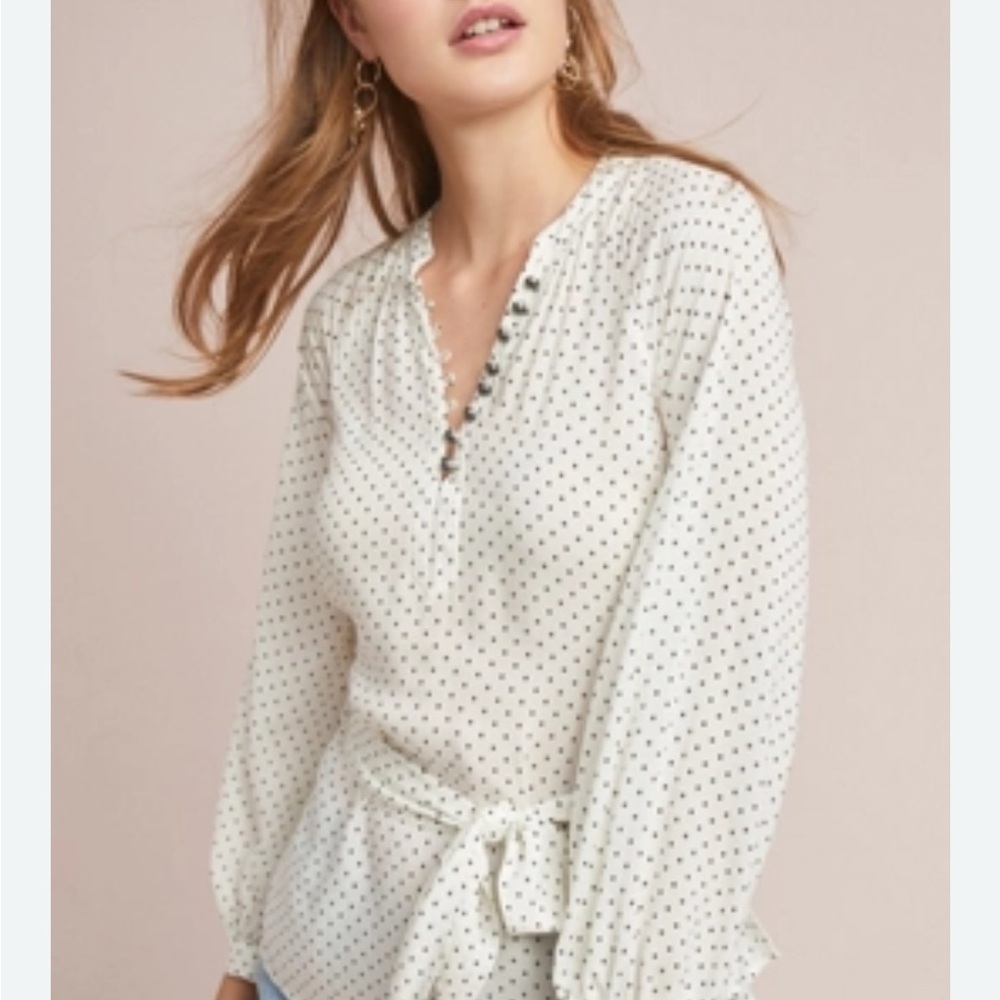 Anthropologie Cream Long Sleeve Blouse with Tie Front